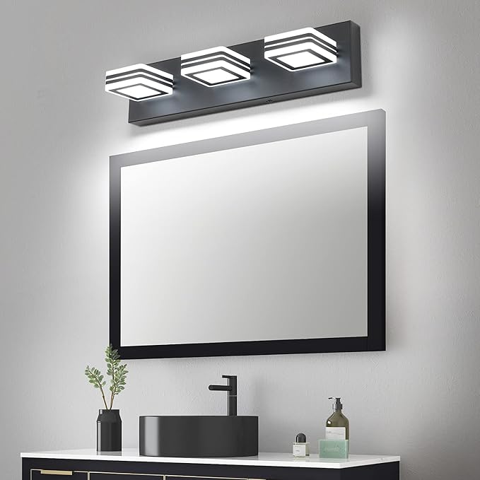 SOLFART LED Bathroom Vanity Light Fixtures: 3 Light Matte Black Modern Acrylic Bathroom Wall Lighting Fixtures Over Mirror Cool White 6000K