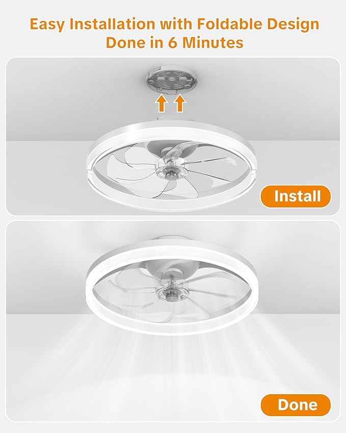 Ceiling Fans with Lights and Remote Low Profile Flush Mount LED Ceiling Fan with Lights 3000K-6500K Dimmable Foldable Fandelier Light 6 Wind Speeds Night Light for Bedroom Living Room White (Frosted)