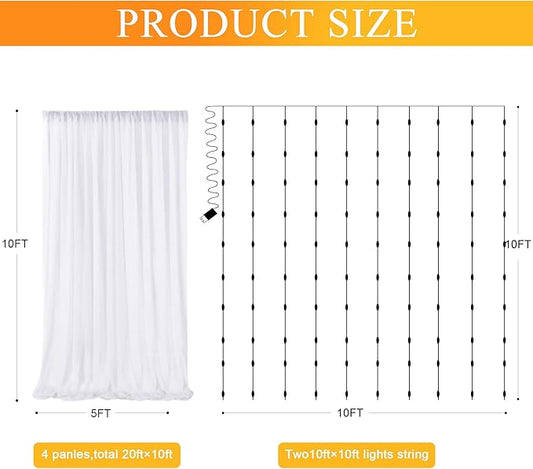 Fomcet Tulle Curtains with Lights String White 20FT X 8FT Sheer Backdrop Curtains for Parties Wedding Baby Shower Photo Shoot Decorations (4 Panels 5x8FT)