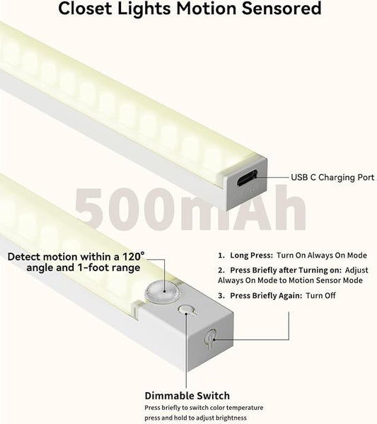 Under Cabinet Lighting 12 Inch 3-Pack, Rechargeable Motion Sensor Light Indoor, Dimmable 3 Color Temps Closet Lights Battery Operated, Stick Wireless Under Counter Lights for Kitchen, Stairs