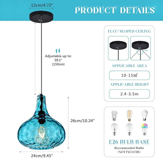 Kitchen Island Blue Pendant Lights, Vintage Globe Pendant Light Fixture Glass Mid-Century Modern Chandelier Pendant Lighting Black Finish 9.45″ Glass Shade Farmhouse (Blue-Hardwired)