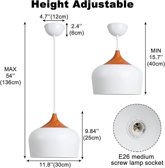 Modern Pendant Light Fxtures Kitchen, Hanging Light Fixtures Ceiling Mount, Wood Metal Shade Pendant Lamp for Dining Room, Bedroom, Living Room, Bathroom, Entryway, Small Chandelier, White