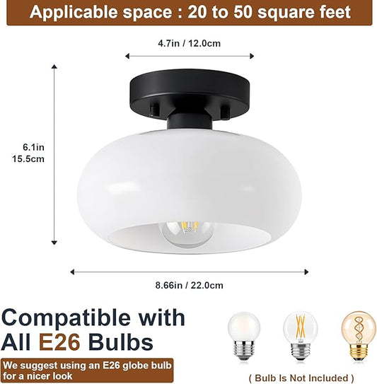 WOKNOS Mid-Century Modern Semi Flush Mount Ceiling Light, Metal Kitchen Light Fixture with Glass Shade, Mini White and Black Colse to Ceiling Lamp for Entryway Hallway Bathroom (8.66 Inch)
