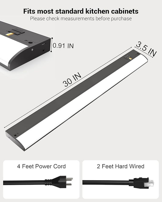 30 Inch LED Under Cabinet Light, Plug in Kitchen Lighting, 3CCT Selectable (3000K/4000K/5000K), CRI94 High Color Accuracy, Linkable, Slim Design Dimmable, Black