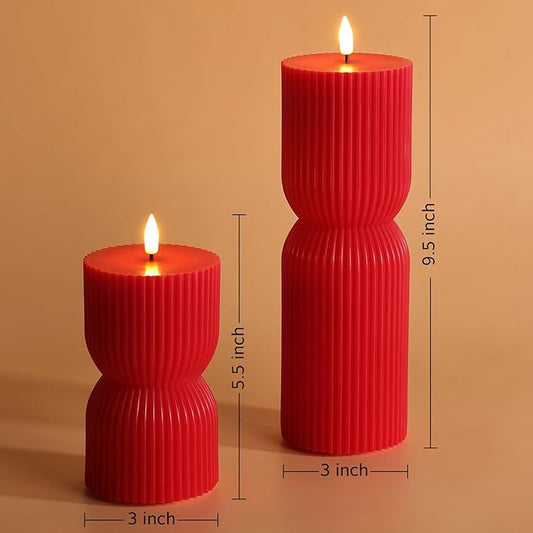 Red Ribbed Fluted Flameless Pillar Candles with Remote, Battery LED Wax Candles Flickering Home Aesthetics Decor Gift Set of 2