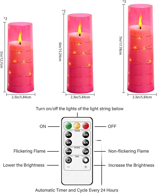 Flameless Candles,with Embedded Star String, Battery Operated Candles Flickering LED Pillar Candles with Remote Control and Timer, Home Decoration Add a Warm and Romantic Atmosphere,Set of 7 (Pink)