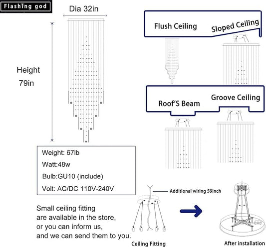 Flashing God D32''X H79'' Foyer Chandelier for High Ceilings,Square Crystal Raindrop Chandeliers,Large Chandelier for Entrance Foyer Villa,4 Tier Chandeliers