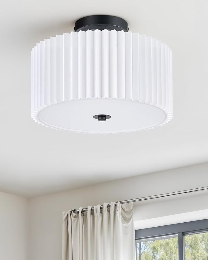 VONLUCE Semi-Flush Mount Ceiling Light, 12.2" Modern 2-Light Ceiling Light Fixture with White Pleated Drum Shade 2 E26 Sockets for Bedroom Entryway Living Room, Black Finish, ETL Certificated
