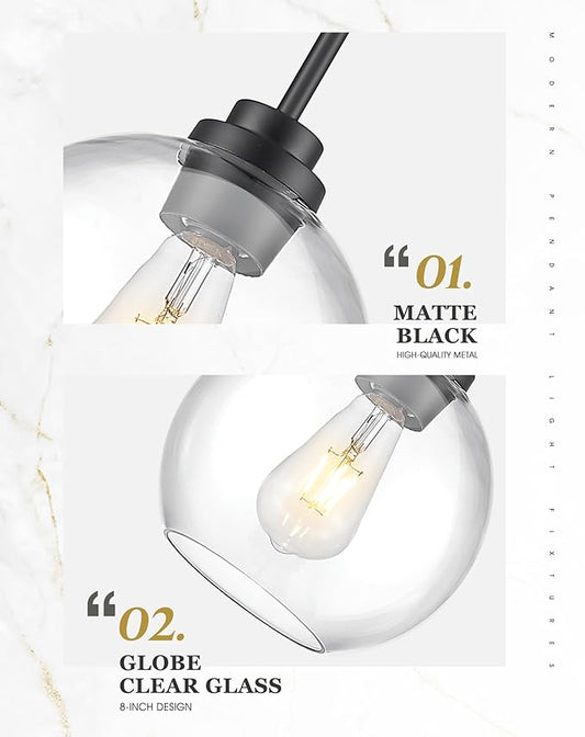 Black Pendant Lights Kitchen Island, 8" Pendant Light Fixtures with Globe Clear Glass Shade, Modern Kitchen Island Lighting, AD-22280-1PL-BK
