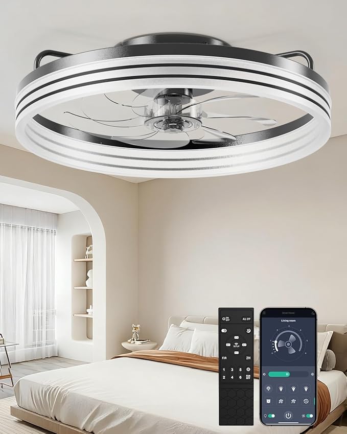AIKVSXER Ceiling Fan with Light,20" Flush Mount Ceiling Fan,6 Speeds,3000-6500K Dimmable LED, App & Remote Control, Quiet DC Motor, for Bedroom, Living Room Modern Ceiling Fans with Lights(Black)