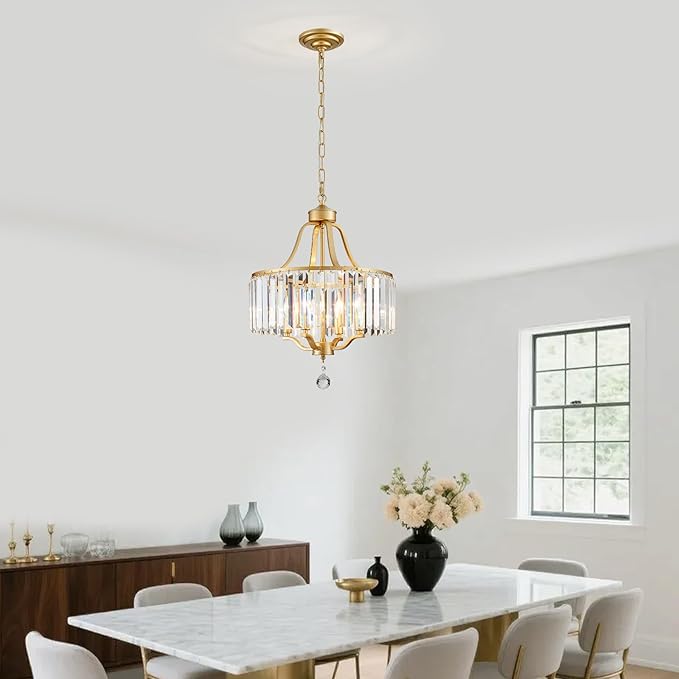 Crystal Chandelier - Rustic Gold Pendant Light - 15.7 Inch Diameter Height Adjustable Modern Ceiling Light - Ideal for Dining Rooms, Kitchens, Living Rooms