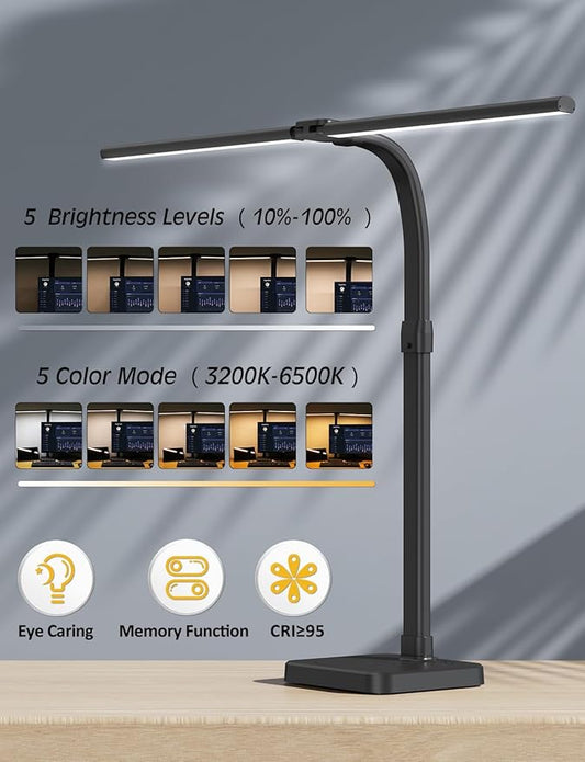 AKRRYR LED Desk Lamp for Home Office, Double Head 24W with Base, Architect Light 5 Lighting Brightness Flexible Gooseneck Table Reading Study, Black