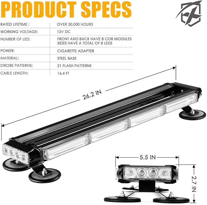 Xprite 26" COB LED Strobe Rooftop Flashing Light Bar, Double Side Hazard Warning Beacon Safety Police Lights w/Magnetic for Emergency Vehicles Trucks Cars Volunteer Traffic Security Blue
