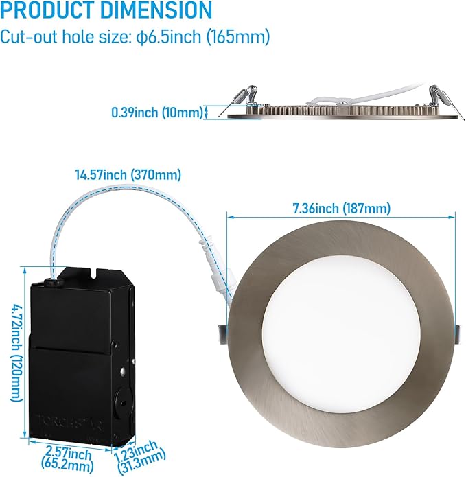 TORCHSTAR E-Lite Series 6 Inch Slim Recessed Lighting with J-Box, 13.5W Ultra-Thin LED Recessed Light, Dimmable Canless Downlight, ETL&ES Listed, CRI90, 3000K Warm White, Satin Nickel, Pack of 6