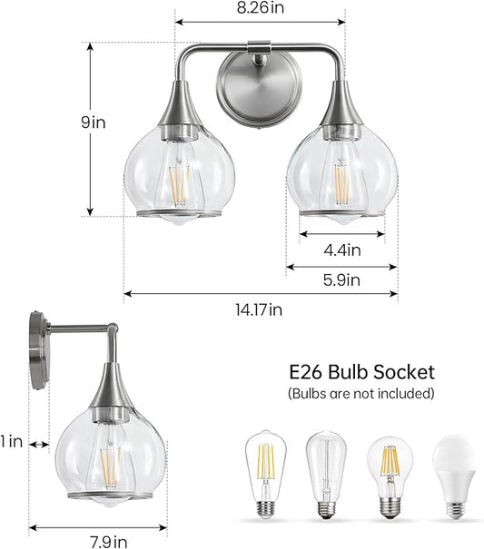 Brushed Nickel Bathroom Vanity Light 2 Lights Bathroom Light Fixtures Over Mirror with Clear Glass Shade 14 inch Wall Sconce Lighting Bath(Exclude E26 Bulb)