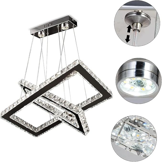 Dimmable Crystal Chandelier, Modern Rectangular 2 Ring LED Pendant Light with Remote & App Control, 20.5"+17" Adjustable Hanging Height, 3 CCT 2500K/4500K/6500K, Kitchen Island Dining Room