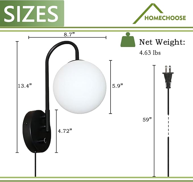 Dimmable E12 Wall Sconces Set of 2,Plug in Wall Sconces with 6.56ft Power Cord,Globe Electric Plug in Wall Sconce,Wall Lights with Milky White Glass Globe Shade(2 Bulbs Included)