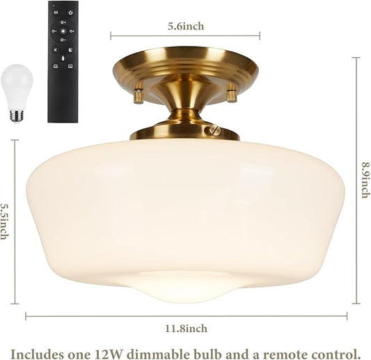Schoolhouse Style Semi Flush Mount Ceiling Light with Dimmable Bulb Remote Control, 12" Modern Gold Hallway Ceiling Lamp with Opal Milk Glass Shade, Farmhouse Globe Light for Bedroom Kitchen Laundry