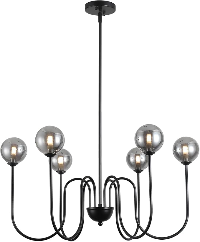 29" Black Modern Glass Chandelier 6-Lights Vintage Farmhouse Chandelier Adjustable Rod Industrial Glass Chandeliers for Dining Room, Bedroom, Kitchen Island, Living Room, Entryway, Hallway, G9