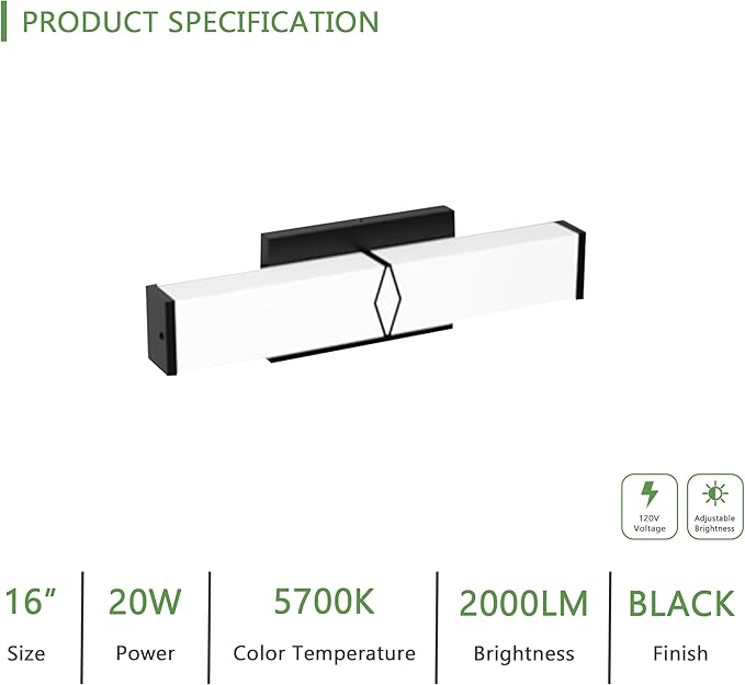 16 Inch Bathroom Vanity Light 2000LM, 5700K Daylight White Modern Bathroom Light Dimmable, AC 120V 20W Matte Black LED Vanity Lighting Fixtures Wall Sconce ETL Certified, 1Pack