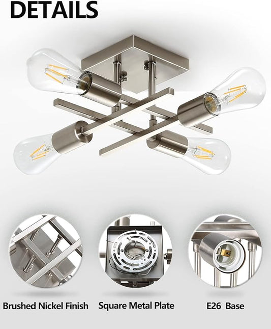 4-Light Semi Flush Mount Ceiling Light, Modern Brushed Nickel Close to Ceiling Light Fixtures, Easy Assembled, House Indoor Ceiling Lights for Bedroom Living Room Entryway