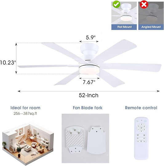 52" Low Profile Ceiling Fans with Lights and Remote, White Indoor Ceiling Fan Light with Quiet Reversible DC Motor,Modern Flush Mount Ceiling Fans with Dimmable LED for Bedroom Kitchen
