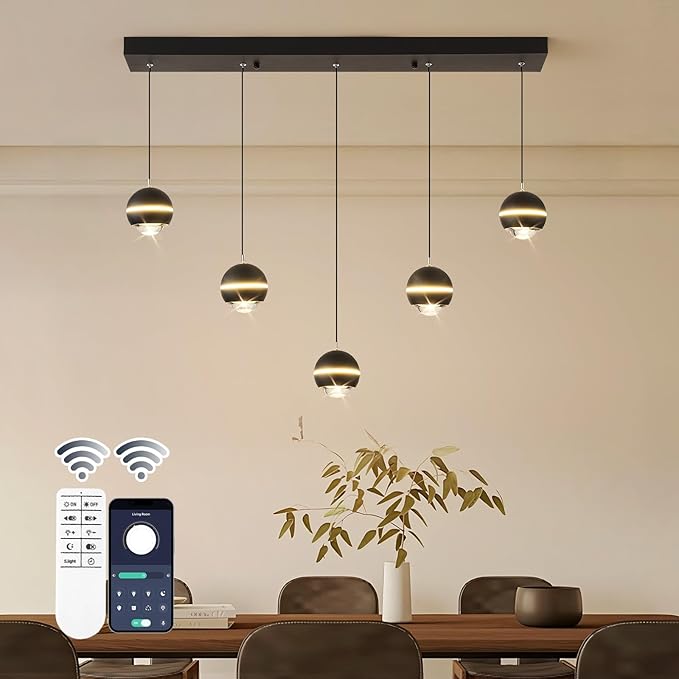 ORANOOR Modern LED Pendant Lights, Dimmable 36in Crystal Globe LED Chandelier Lighting, Black & Gold Dining Room Hanging Light Fixtures Kitchen Island Linear Pendant Light for Dining Table (3500lm)