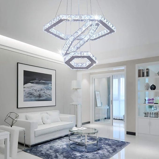Modern Crystal Chandeliers Big 3 Rings LED Ceiling Light Adjustable Stainless Steel Pendant Light for Bedroom Living Room Dining Room (6500K Cool White)(25cm+35cm+45cm)