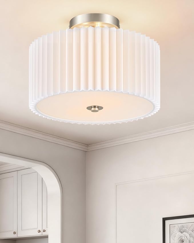 VONLUCE Semi-Flush Mount Ceiling Light, 12.2" Modern 2-Light Ceiling Light Fixture with White Pleated Drum Shade 2 E26 Sockets for Bedroom Entryway Living Room, Nickel Finish, ETL Certificated