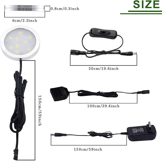 AIBOO 12V LED Under Cabinet Lighting Kit 3 Packs Slim Aluminum Puck Lights with 2-Way Switch All Accessories Included for Counter Closet Lighting 6W (Daylight White)