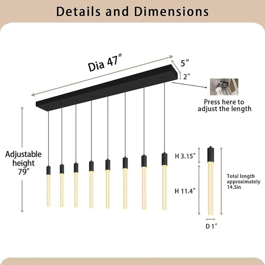 8-Light Black Rectangular Crystal Chandelier Modern LED Dimmable Crystal Column Pendant Lighting for High Ceiling Kitchen Island Entryway Living Room