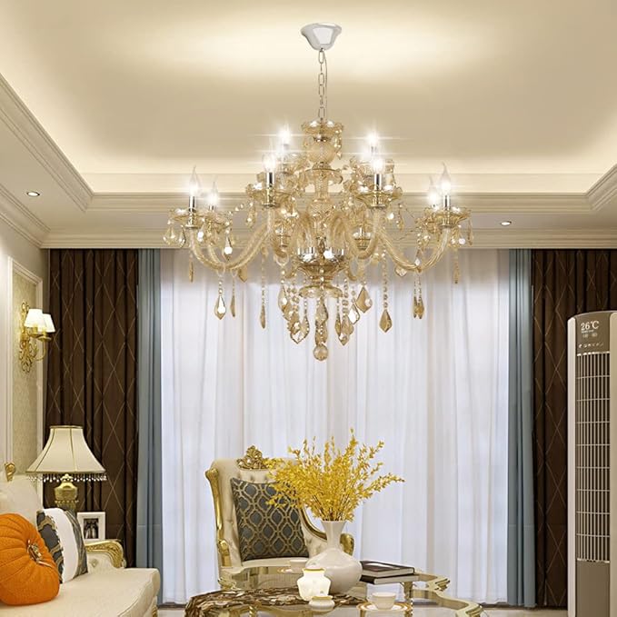 Modern Luxury K9 Crystal Chandelier, 12-Light Cognac Crystal Pendant Light,Candle Style Crystal lamp Lighting Fixture for Dining Room,Hotels, Hall Way, Bars, Restaurants (12 Lights)