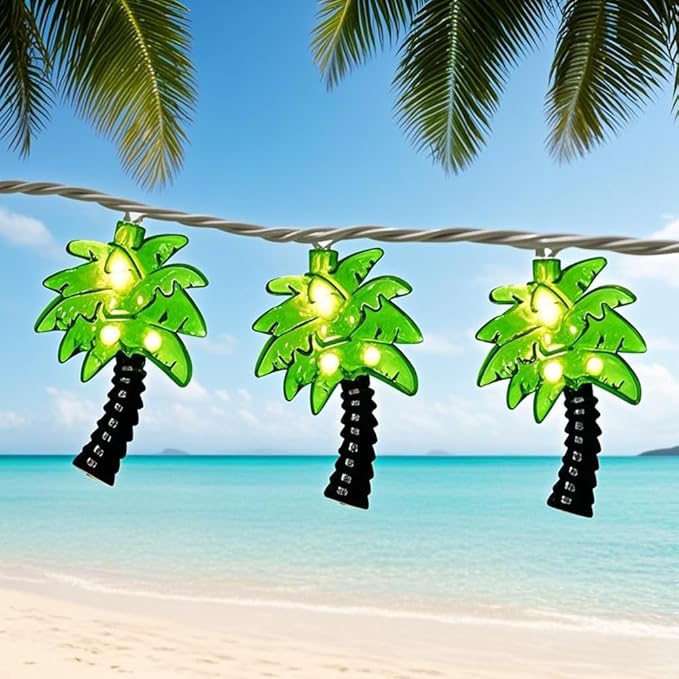 Palm Tree String Lights Outdoor, Summer Beach Themed Decoratives String Lights with 10 Palm Tree Patio Light, Plug in Indoor Fairy Lights for Outdoor Indoor Beach Tropical Party Bedroom Birthday Decor