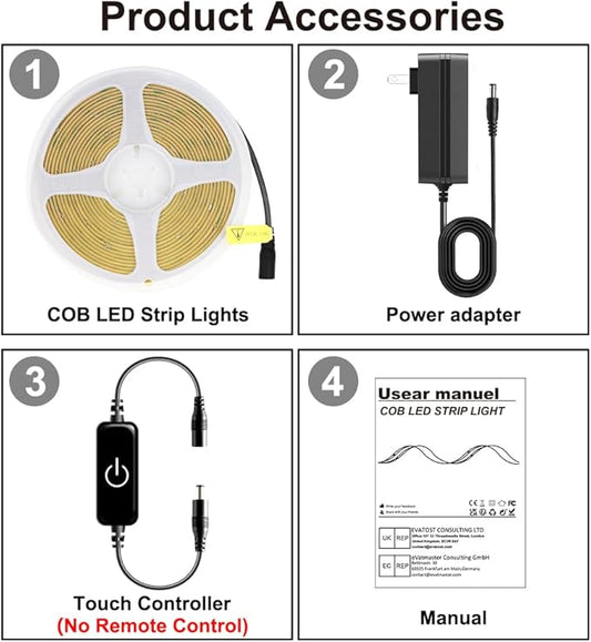 Pandery COB LED Strip,LED Strip Lights 3M/9.84ft,Touch Dimmable LED Strips,CRI90+,3000K Warm White cob led,960LEDs,24V LED Tape Lights,Indoor for Bedroom, Kitchen, TV, Mirror,Cabinet