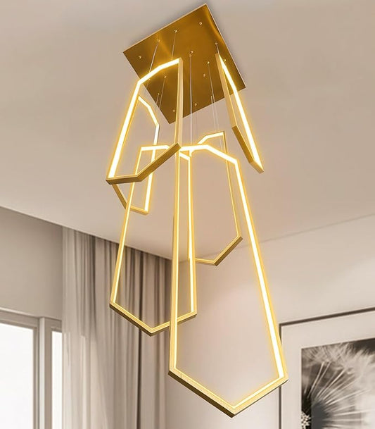 6 Rings Gold Modern Long Large Chandelier Dimmable LED High Ceiling Chandelier for Living Room Foyer Staircase Enterway Big Hanging Light Fixture Modern Ceiling Light