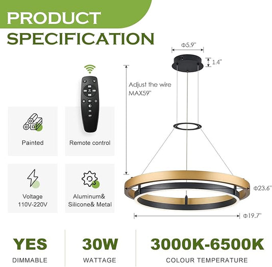 Benkut Modern LED Chandelier Black Gold Dimmable Circular LED Pendant Light with Remote Ring Chandelier Dining Room Light Fixtures for Kitchen Island Living Room Entryway, D23.6in