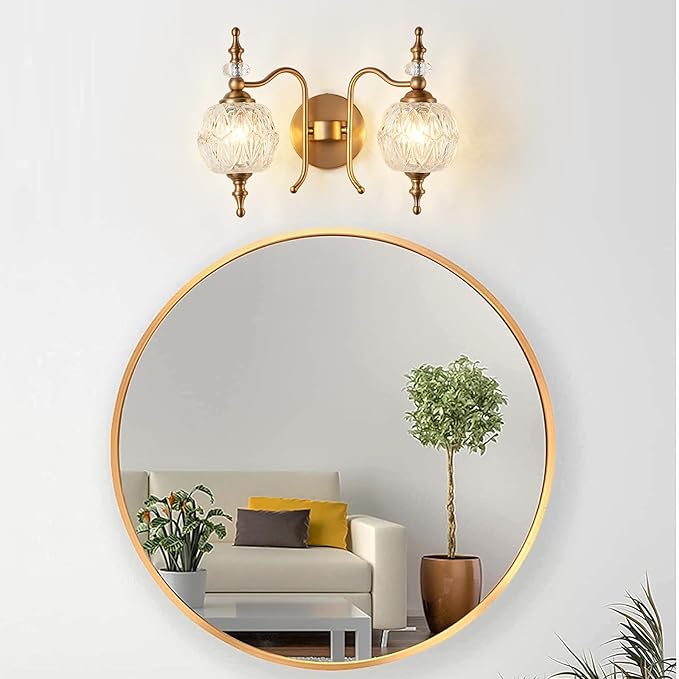2-Light Vintage Crystal Bathroom Wall Sconces, Matte Brushed Antique Brass Finish Retro Wall Sconce Light with Crystal Glass Shade for Bathroom