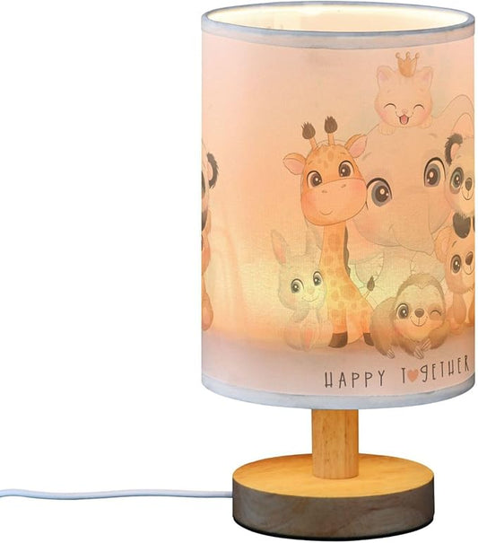 Cute Animal Watercolor Elephant Giraffe Panda Sloth Bunny Bear Cat Table Lamp with Wood Base Fabric Lamp Shade Bedside Nightstand Desk Lamp for Living Room Bedroom Kids Room Office