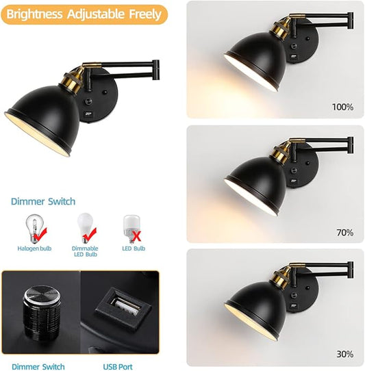 Swing Arm Wall Sconces, Plug-in Wall lamp,Bedroom Wall lamp , White Fabric Shade,,with dimmable Switch and USB Charging Port, Suitable for Bedside, Living Room, Reading (Metallic Black)