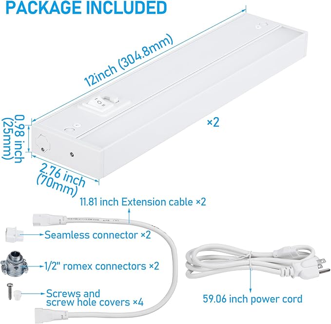TORCHSTAR LED Under Cabinet Lighting 5CCT, 12 Inch 8W 600LM, Hardwired & Plug-in, 5 Color Selectable CRI90 120V ETL T24 Listed Dimmable Under Counter Lights for Kitchen, White Aluminum Housing, 2 Pack