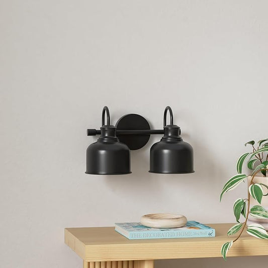Bathroom 2-Light Vanity Fixture Farmhouse Wall Sconce with Matte Black Metal Shade Industrial Wall Lights for Bedroom,Kitchen,Living Room,Hallway