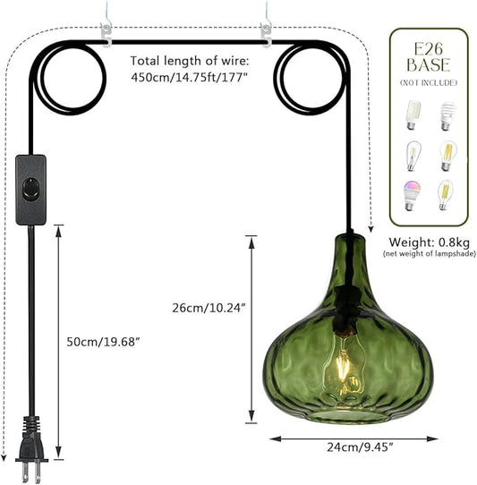 Vintage Plug in Pendant Light Fixture - Hammered Dark Green Glass Shade,Mid-Century Modern Plug in Hanging Pendant Lamp with 14.7 ft Cord for Living Room Corner Room Bedroom Farmhouse