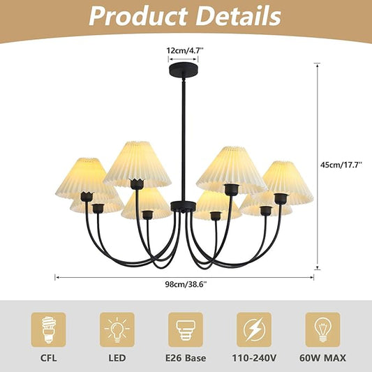 KCO Lighting Large White Pleated Chandelier 8 Light Black Chandelier Light Fixture Mid Century Modern Kitchen Light Nordic Vintage Pleated Pendant Lamp Industrial Dining Room Chandelier
