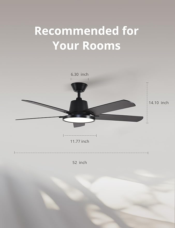 Orison Ceiling Fans with Lights, 52 inch Low Profile Ceiling Fan with RGB Backlight, Flush Mount Ceiling Fan with Remote and App Control,White Bedroom Fan, 6 Speeds, 5 Reversible Blades (Black)