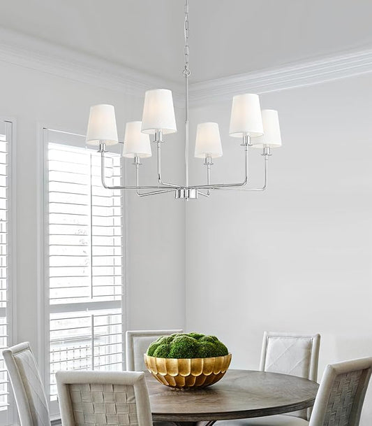 6-Light Chrome Farmhouse Chandelier with Linen Shades, E12 Base Industrial Ceiling Light Fixture, Adjustable Chain for Sloped Ceilings, Kitchen Island & Dining Room Fixture