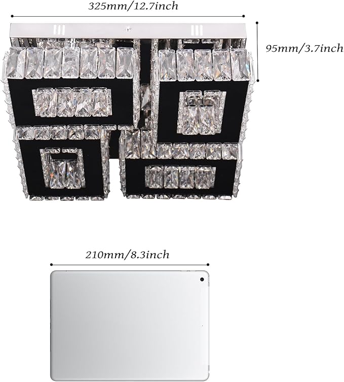 13.1'' Square Modern Chandelier Light with Remote Crystal Ceiling Light Stainless Steel LED Flush Mount Ceiling Light Fixtures for Bedroom Living Room Kitchen Dimmable