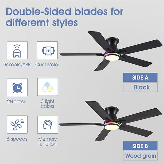 52" RGB Ceiling Fans with Lights and Remote/APP,Black Low Profile Ceiling Fans,Modern Flush Mount Ceiling Fans for Bedroom Kids Room