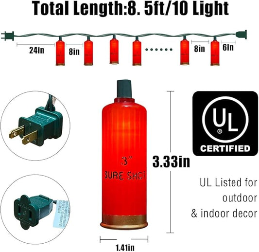 8.5FT LED Shotgun Shell String Lights with 10 Red Novelty 3D Bullets Holiday Decor for Christmas,Mexican Fiesta,Summer Parties,Indoor/Outdoor Patio Decor (Green Wire)