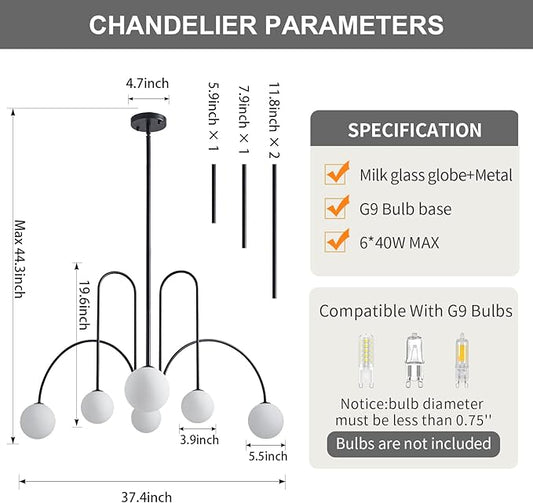 Modern Black Sputnik Chandelier 6-Light Mid Century Chandelier for Dining Room with Milky Glass Globe Ceiling Pendent Light Fixture for Living Room Kitchen Island Foyer Bedroom