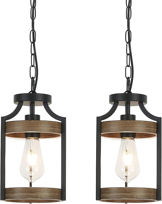 Farmhouse Pendant Light, Rustic Wood Metal Light Fixtures with Adjustable Hanging Chain, Small Pendant Lighting for Kitchen Island, Dining Room, Entryway, Cafe & Bar, 2 Pack